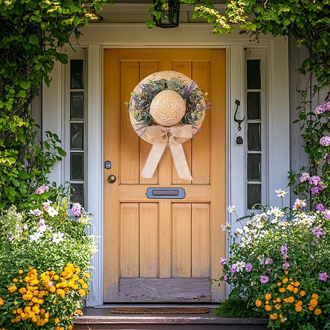 Dilicoming spring eucalyptus wreath by CozyNest Decor, 16-inch straw hat design with bow, ideal for front door, wall, or holiday decor.