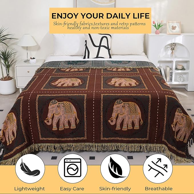 CozyNest Decor boho cotton throw blanket with tassels, elephant print, large 60x80 inch rustic bed and sofa blanket in brown.