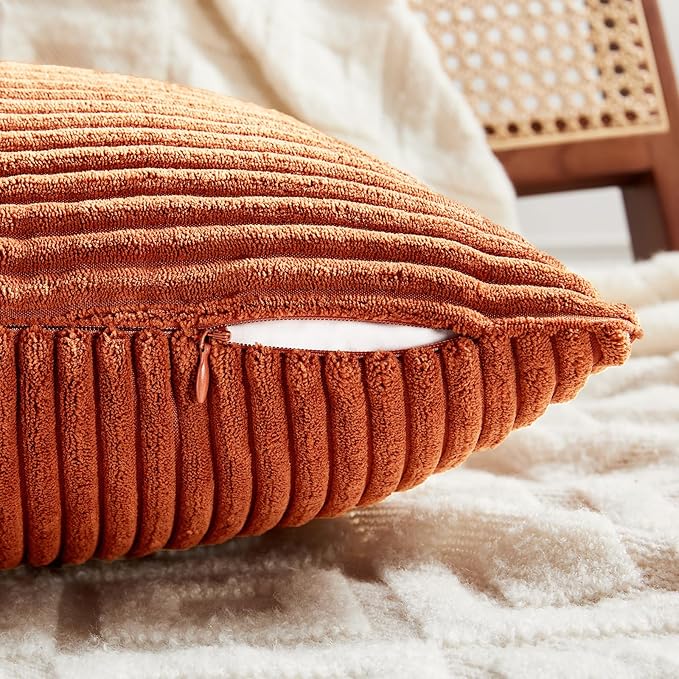 Set of 2 burnt orange lumbar throw pillow covers with corduroy texture, ideal for living room or bedroom decor.
