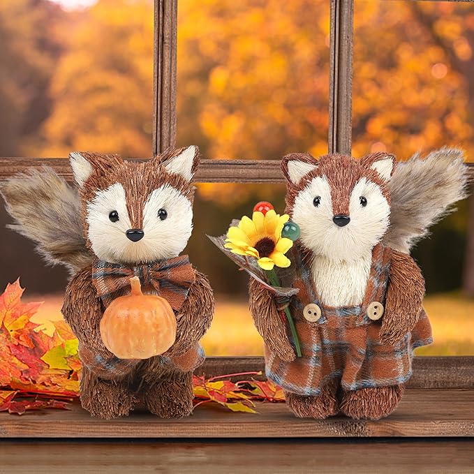 CozyNest Decor Fall fox figurines, handcrafted sisal woodland animals with pumpkin, perfect for Thanksgiving table or home décor.
