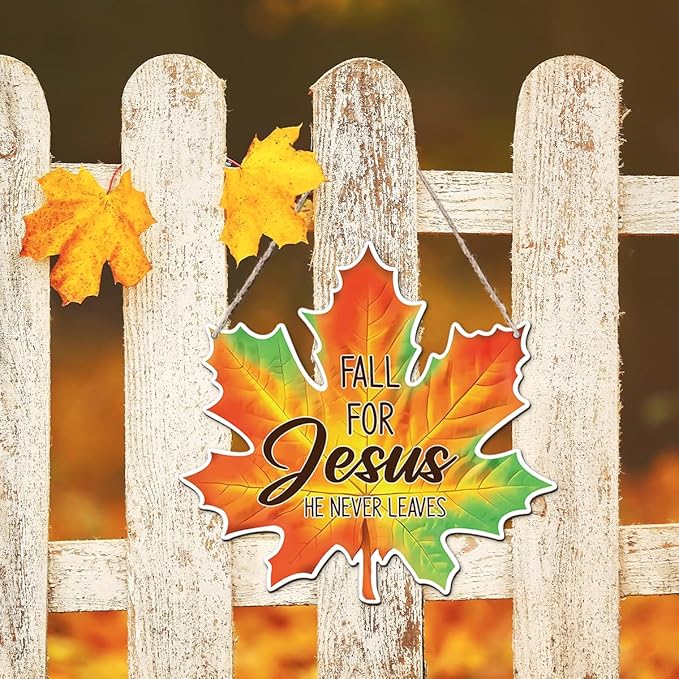 CozyNest Decor fall-themed Jesus wall sign with maple leaf design, perfect for autumn farmhouse front door or wall decor.