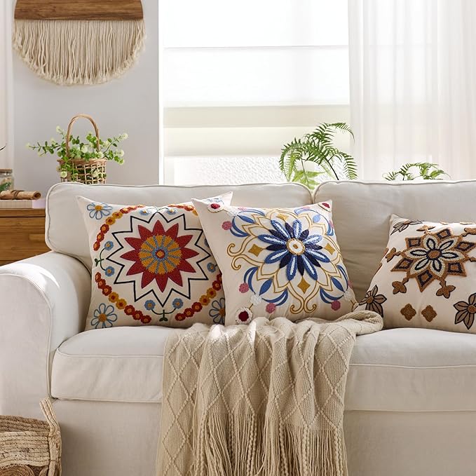 CozyNest Decor embroidered 18x18 orange fall boho floral throw pillow cover for sofa, couch, or bed, textured and durable outdoor decor.