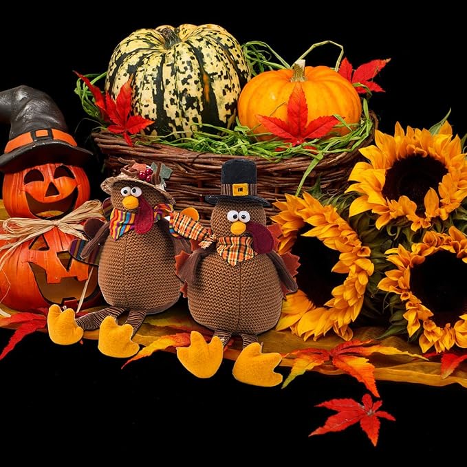 Two handmade stuffed turkey couple dolls from CozyNest Decor, perfect for Thanksgiving tabletop fall home decorating.