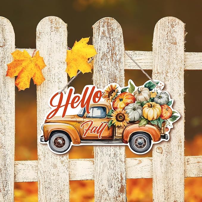 Hello Fall wooden hanging truck decoration, rustic autumn sign by CozyNest Decor, perfect for Thanksgiving home interior and exterior decor