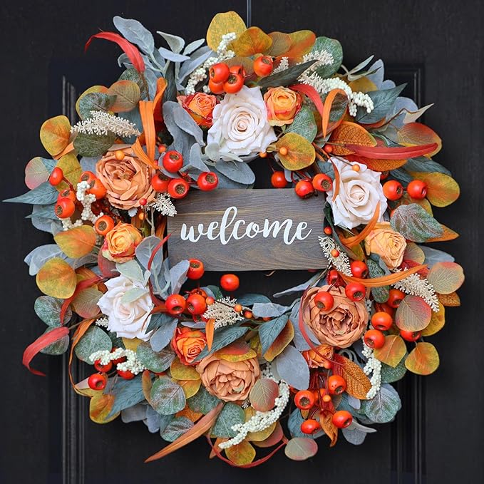 CozyNest Decor 24-inch autumn wreath with lamb's ear leaves, roses, berries, wooden sign, perfect for front door fall decor.