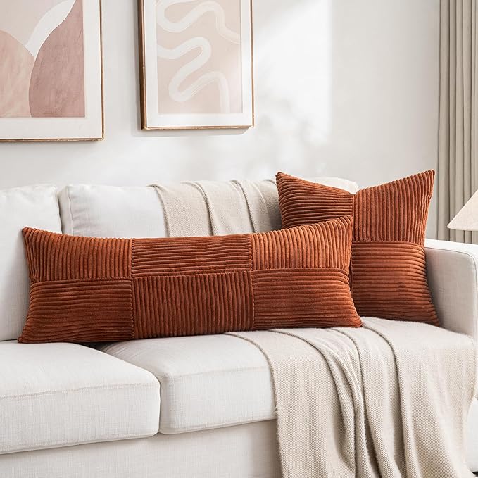 Rust-colored boho throw pillow covers by CozyNest Decor, 18x18 inches, textured corduroy patchwork for sofa or bed decor.