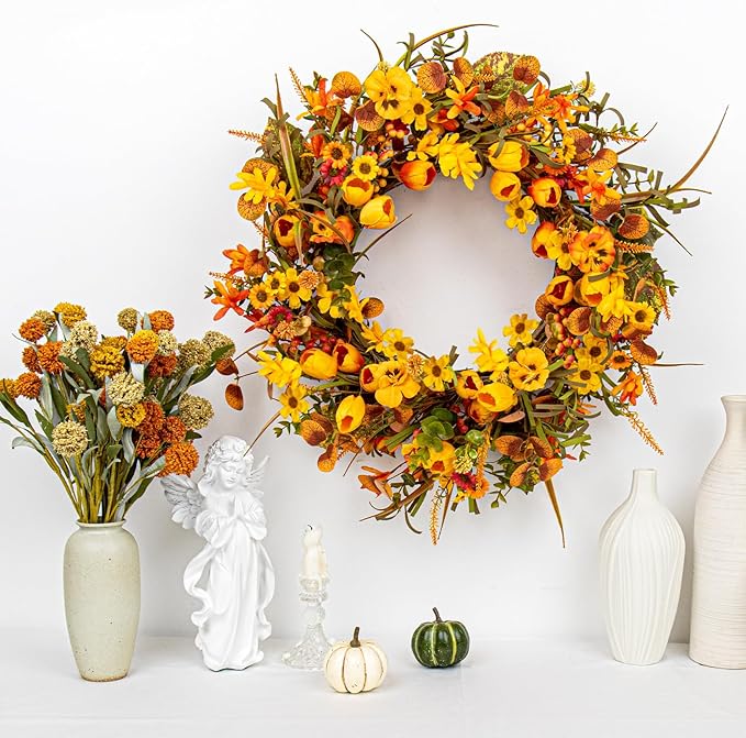 CozyNest Decor 22-inch fall wreath with orange tulips, wildflowers, and rustic autumn accents for front door, wall, or porch decor.