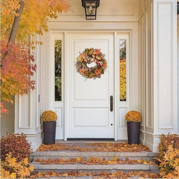 24-inch handmade fall wreath with artificial autumn leaves, pinecones, faux berries, and wheat for front door or wall decor.