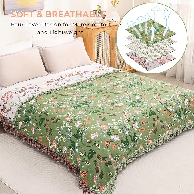 CozyNest Decor boho cotton throw blanket with floral and animal prints, large rustic quilt for bed, sofa, or chair, 90x98 inches.