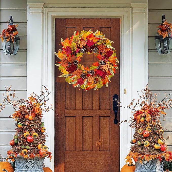 CozyNest Decor 24-inch fall wreath with berries, wood maple leaves, and pine cones, perfect for front door or indoor wall decor.