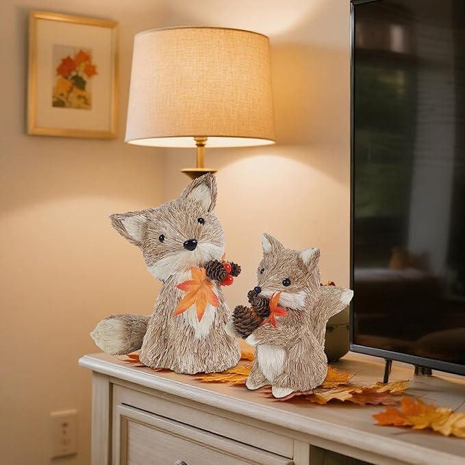 Set of two CozyNest Decor Fall fox figurines, handmade sisal animal ornaments for Thanksgiving and autumn home decor.