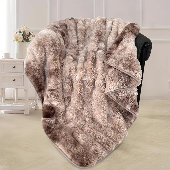 CozyNest Decor faux fur throw blanket with double-sided ombre design, ultra-soft and fluffy for couch or bed use.