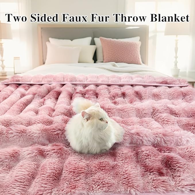 CozyNest Decor faux fur throw blanket with plush, fluffy, reversible ombre design for couch or bed, double-sided ultra-soft minky texture.