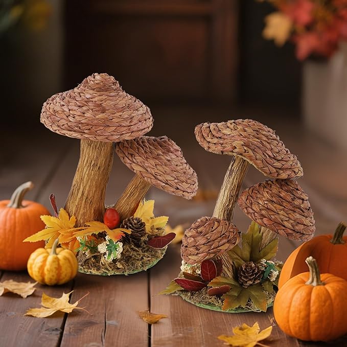 Handmade woven mushroom figurines from CozyNest Decor, rustic fall decor for Thanksgiving, farmhouse table centerpiece, autumn shelf decor