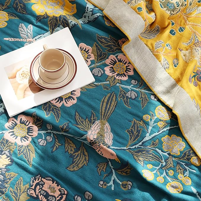 CozyNest Decor boho muslin bed blanket in teal with floral branch design, 4-layer gauze cotton, twin size 60x80 inches, soft and breathable.