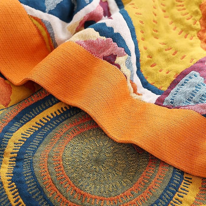 CozyNest Decor boho muslin twin size cotton blanket with floral star design, soft 4-layer gauze summer bed coverlet for sofa or bed.