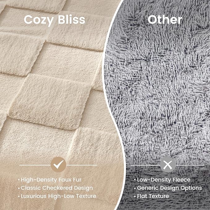 CozyNest Decor beige checkered faux rabbit fur twin bed blanket, soft fuzzy minky throw for couch or bed, 60x80 inches.