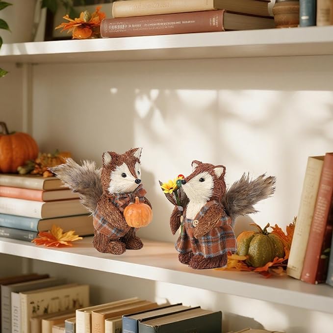 Two CozyNest Decor fall fox figurines with pumpkins, handmade sisal design, perfect for indoor Thanksgiving and autumn home décor.