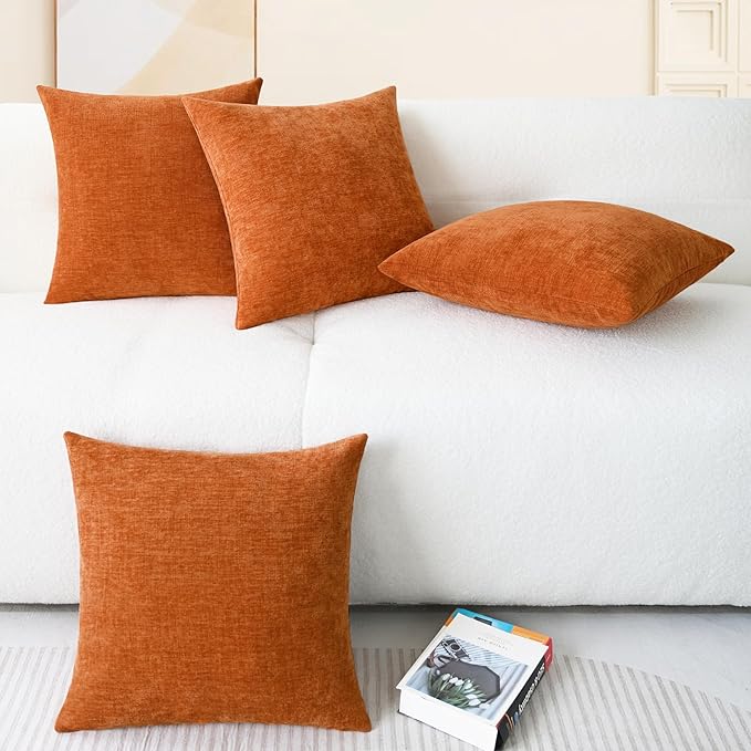 Set of four CozyNest Decor CaliTime fall throw pillow covers in burnt orange, 18x18 inches, cozy chenille cushion cases for sofa or bed.