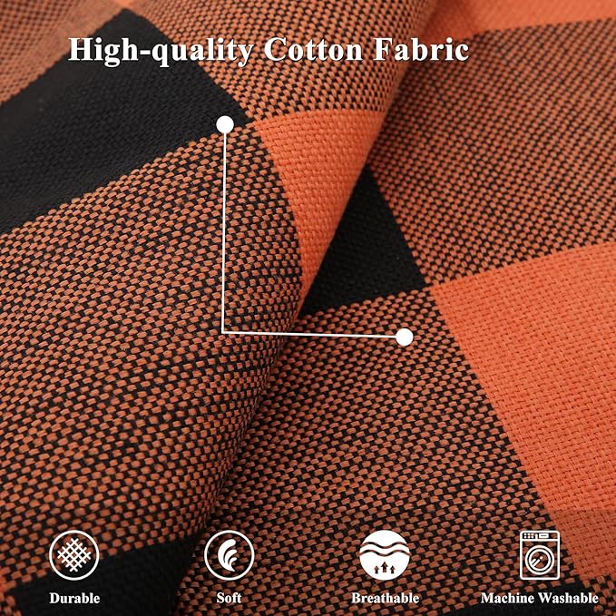 CozyNest Decor fall orange and black Buffalo plaid throw pillow covers, 18x18 inches, with stitched edges for farmhouse autumn decor.