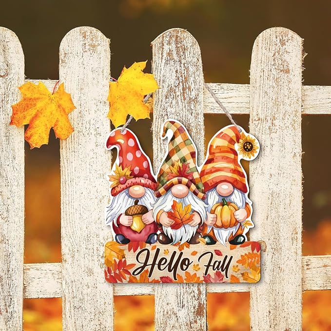 Rustic Hello Fall wooden hanging gnome decoration with autumn-themed design, perfect for Thanksgiving home interior and exterior decor.