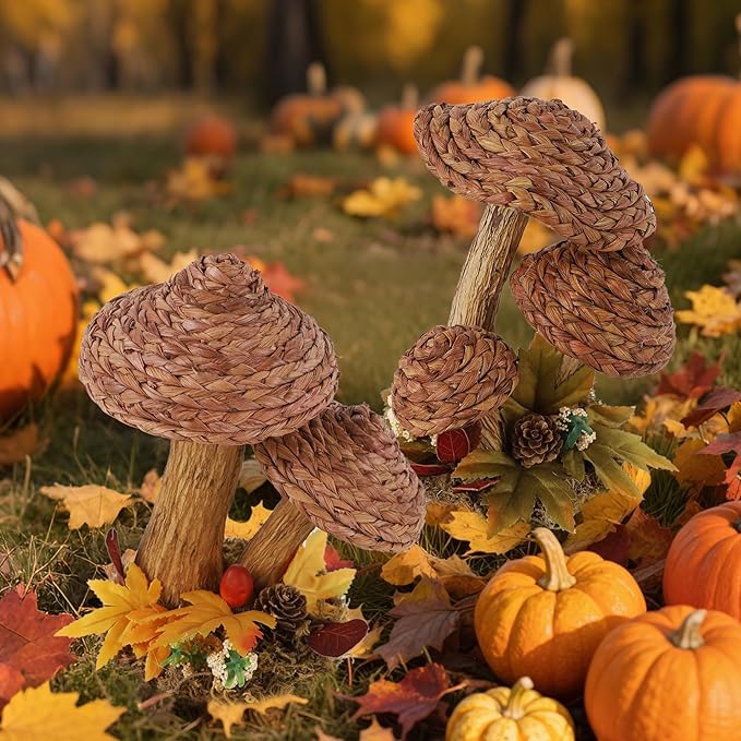 Handmade woven mushroom figurines from Winemana 2-pack, rustic fall decor for farmhouse tables, shelves, and autumn home accents.