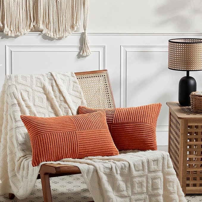 Set of 2 burnt orange lumbar throw pillow covers with corduroy texture for living room or bed, cozy boho farmhouse decor.