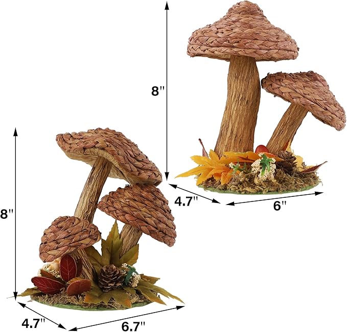 Handmade woven mushroom figurines by CozyNest Decor, rustic fall decor for farmhouse tables, shelves, and autumn home accents.