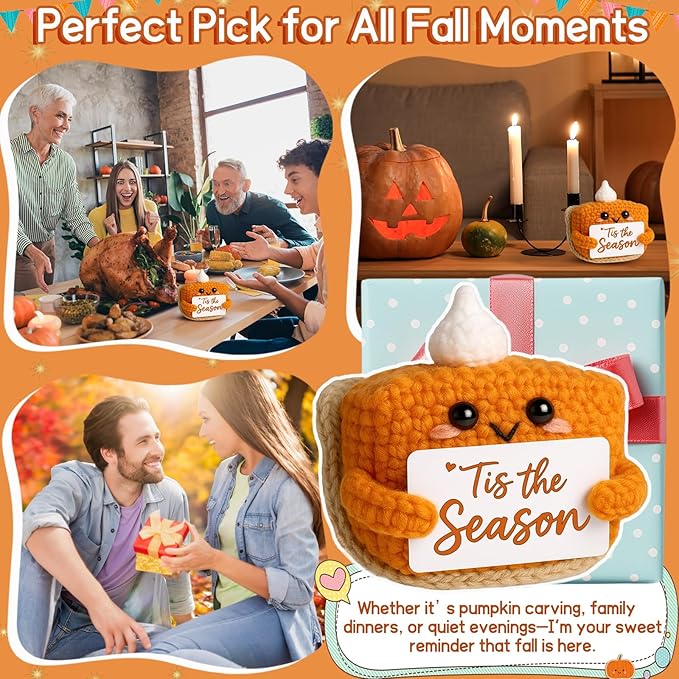 CozyNest Decor mini crochet pumpkin pie plush doll, fall-themed autumn decor for home, Halloween, and Thanksgiving table decoration