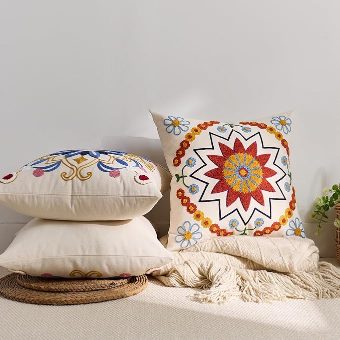 CozyNest Decor embroidered 20x20 orange fall floral boho throw pillow cover for sofa, couch, or bed, durable textured outdoor decorative cushion