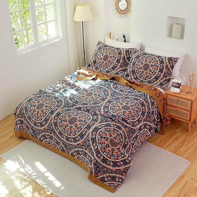 CozyNest Decor boho muslin bed blanket, 80x90 inches, soft 4-layer cotton gauze with circle geometric design, for sofa or bed.