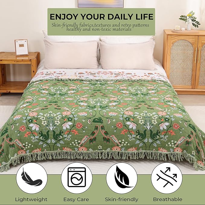 CozyNest Decor boho cotton throw blanket with floral and animal prints, large rustic quilt for king bed, sofa, or chair, all-season comfort