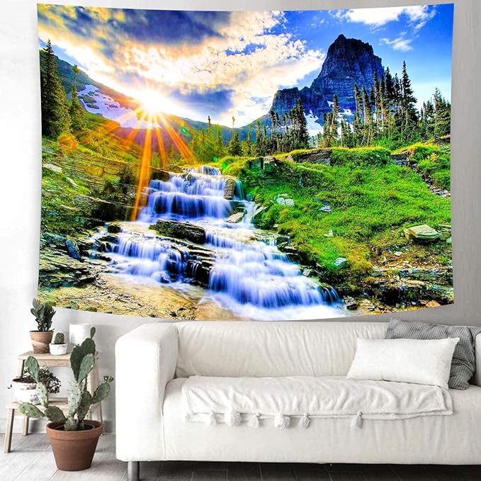 CozyNest Decor mountain waterfall tapestry featuring sunset forest, tropical rainforest scene, nature landscape wall hanging for home decor