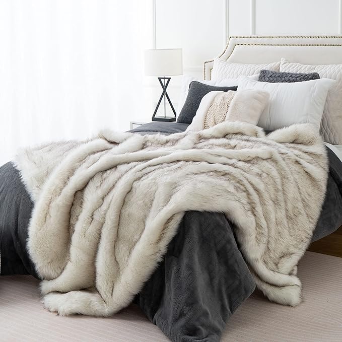 CozyNest Decor luxury ivory white faux fur throw blanket, extra large 60x80 inches, soft, fluffy, reversible to plush velvet for bed or couch.