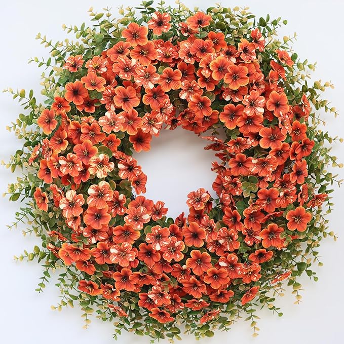 Large 26-inch artificial fall wreath with boxwood leaves, faux daisies, and eucalyptus for front door or porch decor in farmhouse style.