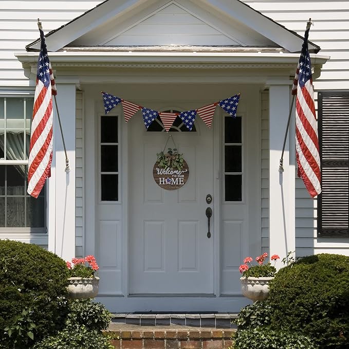 Rustic round wood wreath with seasonal welcome sign for front door, suitable for spring, summer, fall, holiday, and outdoor porch decor.