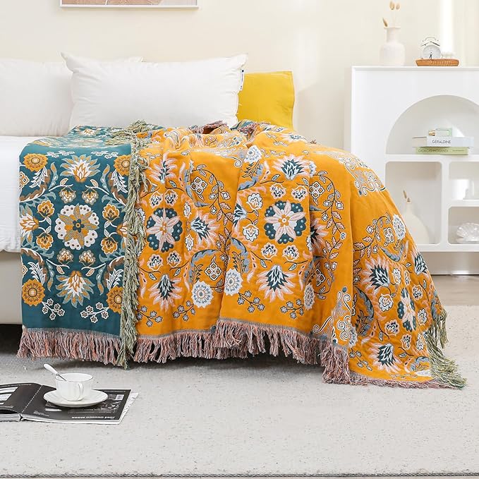 CozyNest Decor boho throw blanket for bed, 100% cotton, lightweight, yellow floral print, breathable woven throw measuring 80x90 inches.
