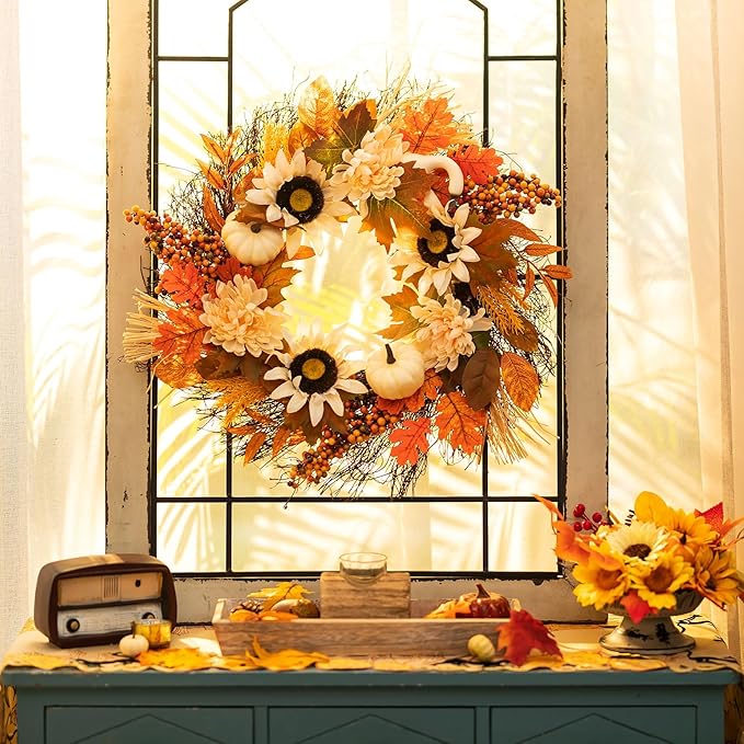 CozyNest Decor 20-inch fall wreath with maple leaves, white pumpkin, daisies, and sunflowers for front door and porch autumn decor