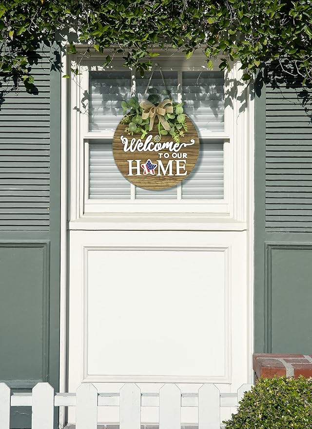 Rustic round wood wreath with seasonal welcome sign for front door, farmhouse outdoor wall decoration for spring to Christmas.