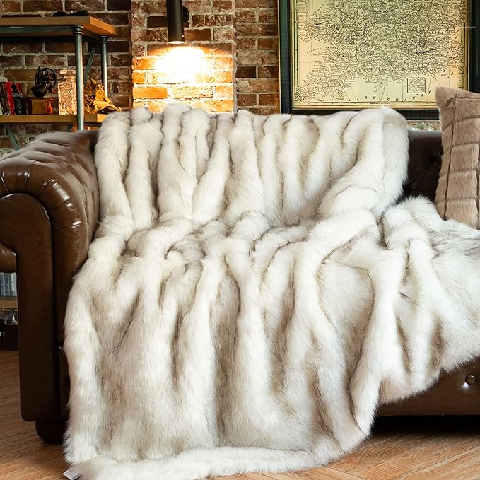 CozyNest Decor ivory white faux fur throw blanket, 60x80 inches, super soft, fluffy, reversible plush velvet for bed or couch.