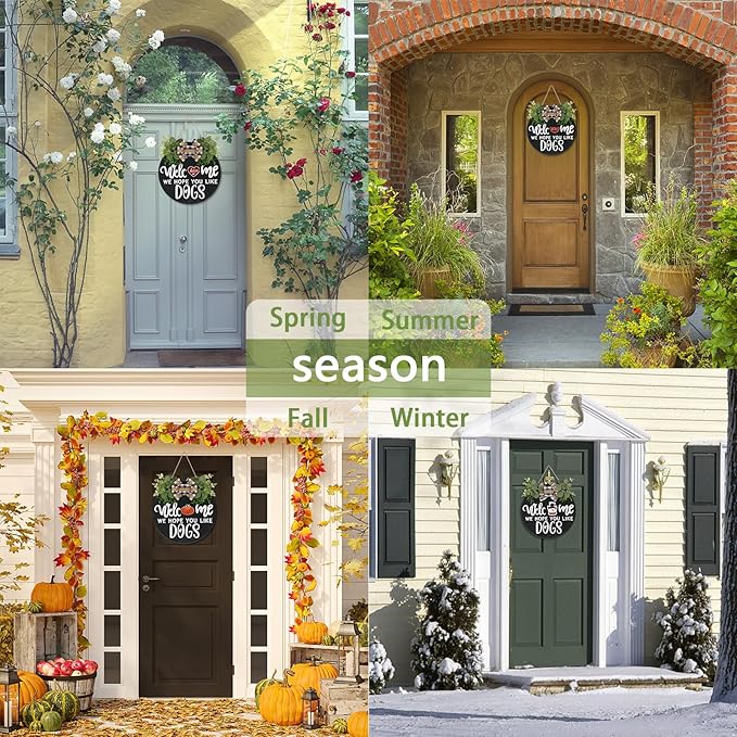 Rustic wooden seasonal welcome sign wreath by CozyNest Decor featuring a round design with dog motif for front door or wall decor.