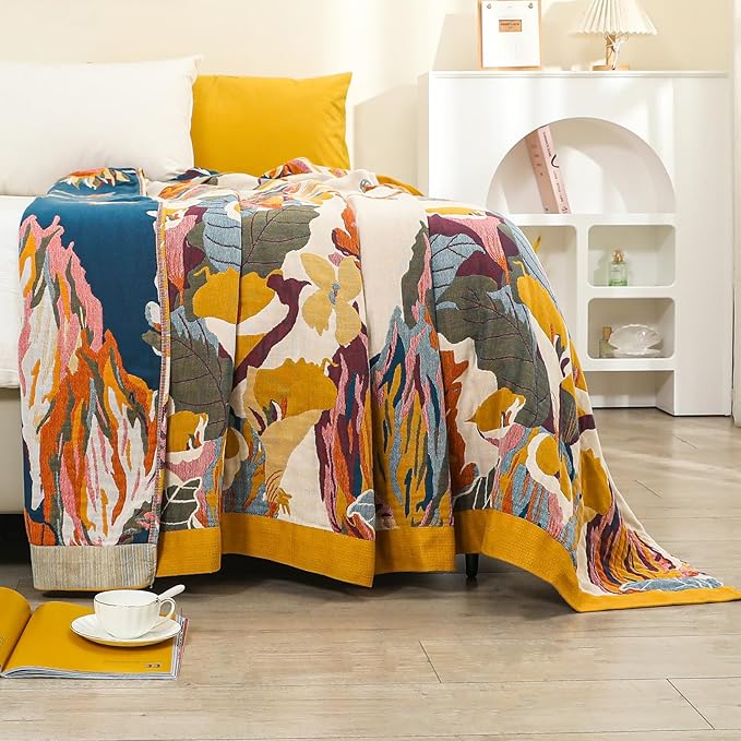 CozyNest Decor boho cotton throw blanket with floral and bird butterfly print, 80x90 inches, soft breathable muslin for bed or sofa.