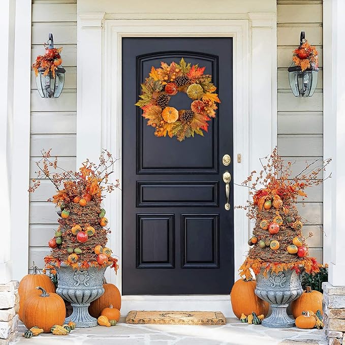 CozyNest Decor fall wreath with velvet pumpkins, metal hook, harvest maple leaves, 16-inch autumn door decoration for Halloween Thanksgiving