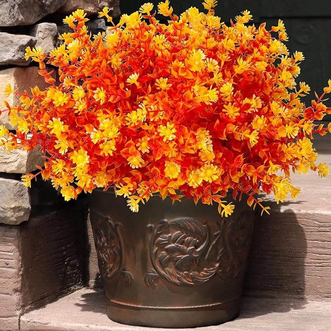 CozyNest Decor artificial fall flowers in orange, no-fade faux autumn plants, ideal for indoor or outdoor holiday and wedding decorations.