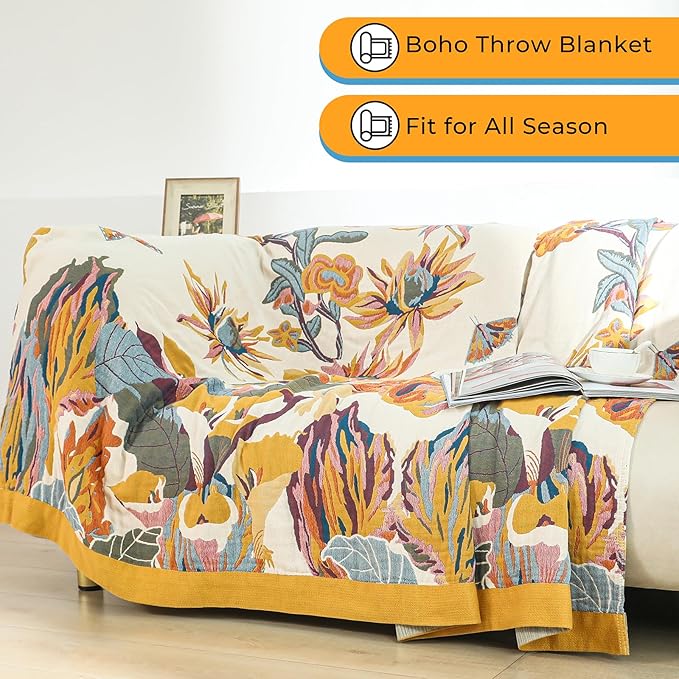 CozyNest Decor boho cotton throw blanket with floral and bird butterfly print, 80x90 inches, soft breathable muslin for bed or sofa.