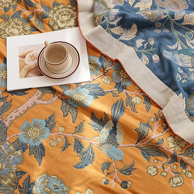 CozyNest Decor boho muslin blanket for adults, 80x90 inches, floral orange design, soft cotton, summer cooling bed coverlet.