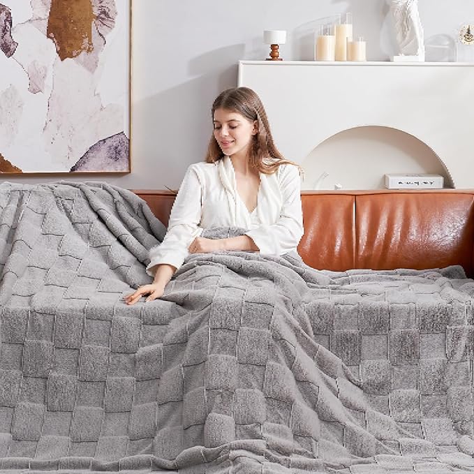 CozyNest Decor white checkered faux rabbit fur throw blanket, soft fuzzy cozy fleece for couch or bed in grey, queen size 90x90 inches.