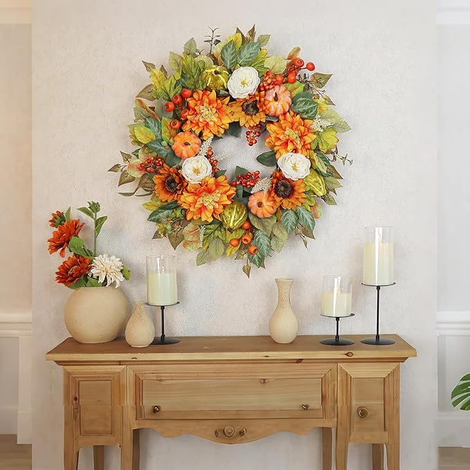 CozyNest Decor 24-inch fall wreath with pumpkins, peonies, sunflowers, and dahlias for front door autumn decor.