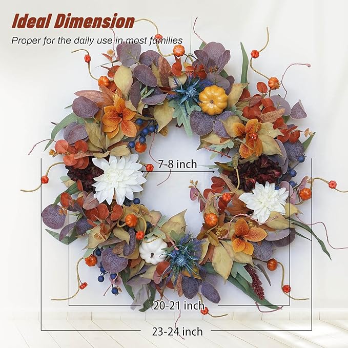 CozyNest Decor 24-inch autumn wreath with pumpkins, silk leaves, and purple flowers for front door Halloween and Thanksgiving decor