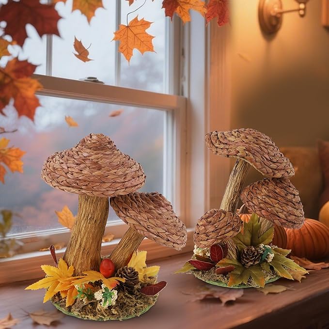 CozyNest Decor Winemana 2-pack handmade woven mushroom figurines for fall decor, rustic farmhouse table centerpiece, autumn shelf decor